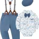 Baby Boy Clothes Suits Infant Gentleman Outfit Long Sleeve Dress Shirt+Suspender Pants+Bowtie+Beret Wedding Set 6-9M