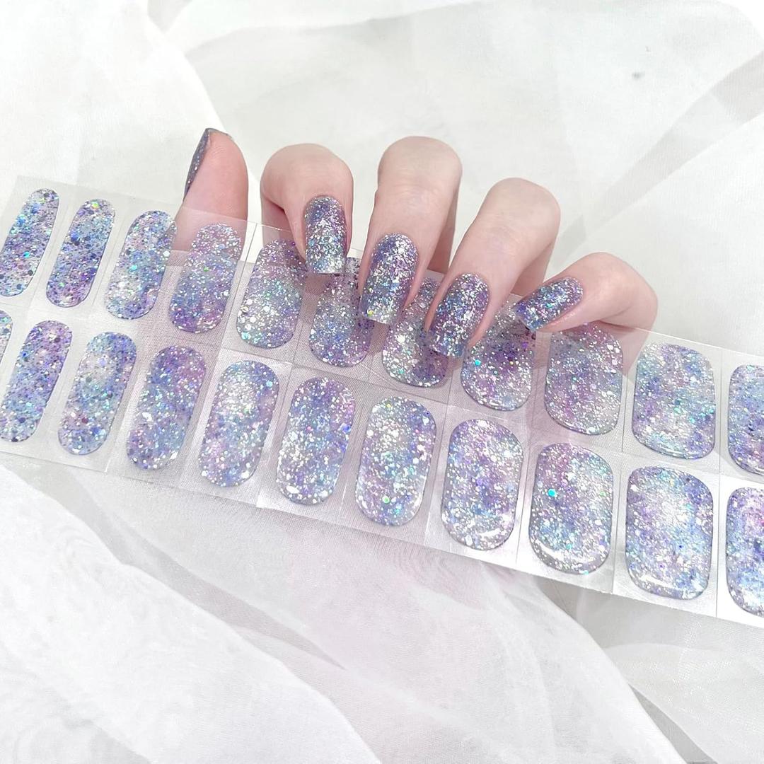 22pcs Semi Cured Gel Nails Strips Tips UV Nail Stickers Polish Wraps-Works with UV Nail Lamp Light, 2 Prep Pads File Wooden Stickers DIY Manicure Easy to Apply&Remove (020 Shine Purple)