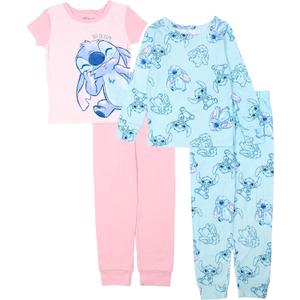 Disney Girls' 4-Piece Snug-fit Cotton Pajama Set, Soft & Cute for Kids (8, Smile Stitch)