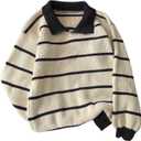 Floerns Women's Collared Striped Sweaters Preppy Oversized Knit Fall Pullover Sweater (Medium, Black and Khaki)