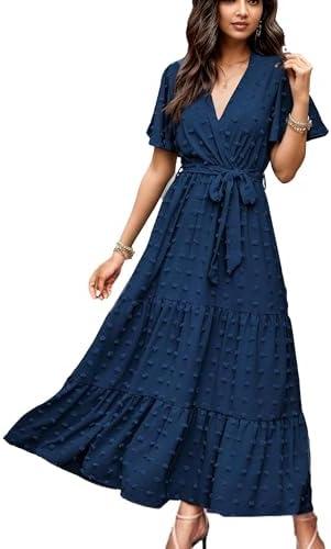 GOLDSTITCH Women's 2025 Summer Wrap V Neck Dress Short Sleeve Swiss Dot Boho Ruffle Slit Beach Party Flowy Long Maxi Dresses, Size L