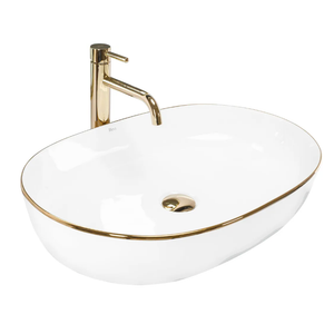 MEJE(18 × 12.7 x 5.3 inch)LUXURY GOLD rim Oval Vessel, Above Counter Bathroom Sink, Porcelain Ceramic Vessel Vanity Sink, Art Basin (White&Gold)