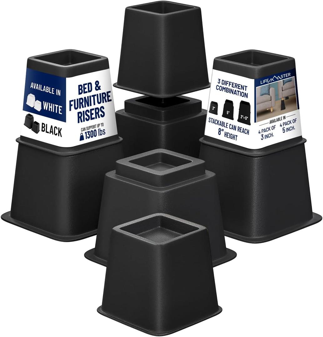 Lifemaster Furniture Riser Set - 8 Pieces Non-Slip Design Furniture Leg Riser fits with Bed, Chair, Table, Sofa, Desk, and Couches - Black (3.5inch-8 PACK)