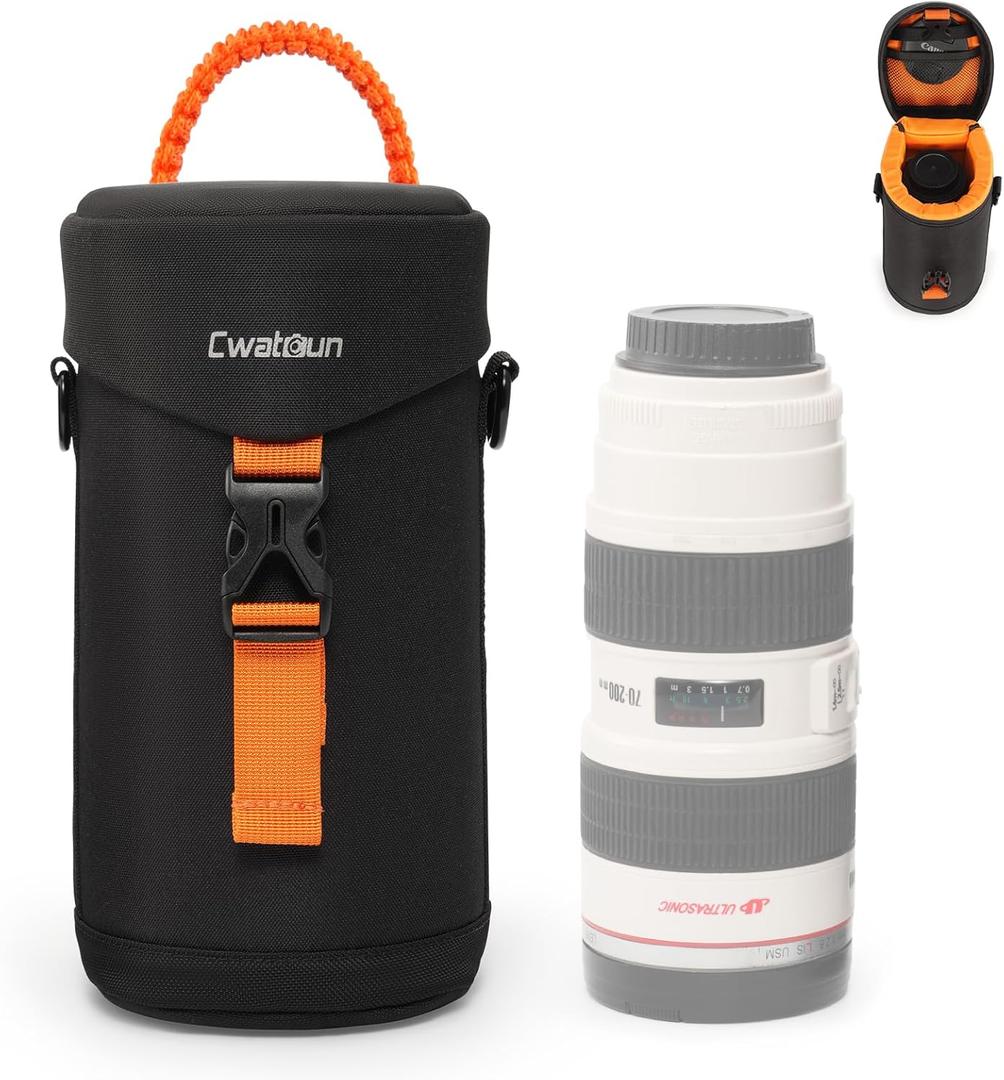 Cwatcun Camera Lens Case, Hard Case Shockproof DSLR Camera Lens Pouch with Shoulder Strap, Water Resistant for Nikon, Sony, Fuji, Canon and Other Lenses Below 3.03" x 7.87" (D x L) (Case Only)