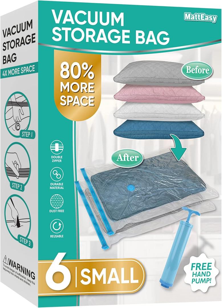 MattEasy Space Saver Vacuum Storage Bags, 6 Pack Space Saver Bags with Pump, Storage Vacuum Sealed Bags for Clothes, Comforters, Blankets, Bedding (6 Small)