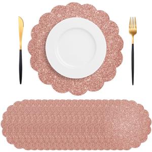 50 PCS Valentine's Day Paper Placemats Disposable, Rose Gold Glitter Paper Placemats, 13.5 Inch Scalloped Placemat, for Birthday Wedding Holiday Party Home Dining Tableware