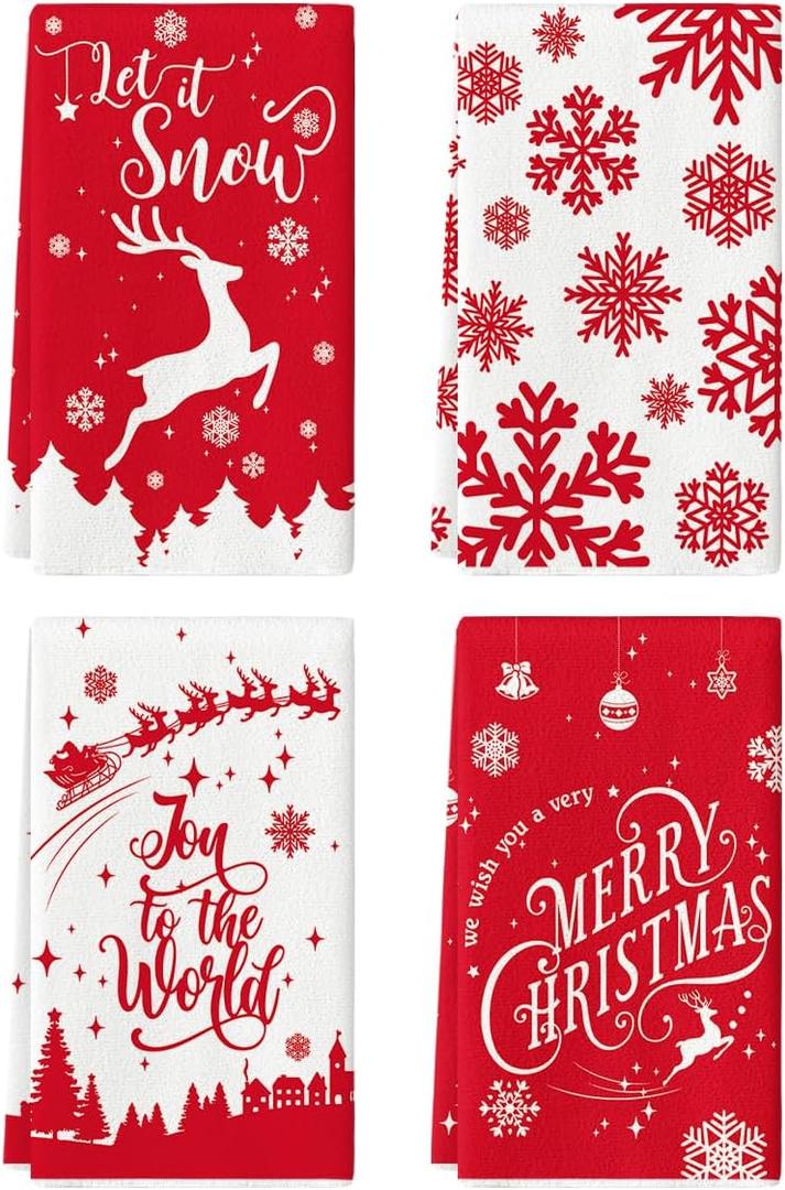 Artoid Mode Elk Merry Christmas Kitchen Towels and Dish Towels Red, 18 x 26 Inch Snow Winter Xmas Holiday Ultra Absorbent Drying Cloth Tea Towels for Cooking Baking Set of 4