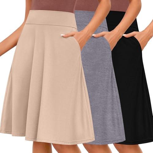 Riyiper 3 Pack Women's Knee Length Skirts, Casual High Waisted Flared Midi A Line Summer Basic Pull-on Skirts with Pockets L