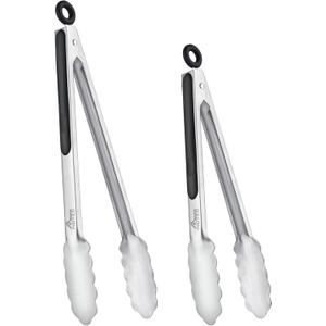 Hotec Stainless Steel Kitchen Tongs Set of 2 - 9" and 12", Locking Metal Food Tongs Non-Slip Grip