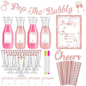 99 Pcs Mimosa Bar Supplies Bridal Shower Decorations 34 oz Plastic Water Carafe with Lids Plastic Champagne Flutes with Straws the Bubbly Banner for Rose Gold Bachelorette Mimosa Party