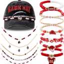 13Pcs Game Day Football Hat Accessories Set, 1 Game Day Hat with 5 Decorative Chains 7 Red Beaded Bracelets for Football Lovers Mom Girlfriends Wife