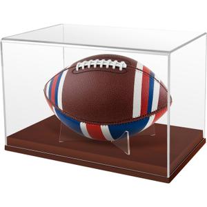 Football Display Case with Brown Wooden Base – Clear Acrylic Football Holder Box for Autographed Football, Full Size Football Memorabilia Showcase Display