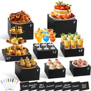 8Pcs Black Acrylic Buffet Risers with Mini Sign and Marker, Black Acrylic Risers for Party Catering Dessert Jewelry Collectibles with Hollow Bottoms Nesting Cube Box (9.5" 9" 8" 7.5" 6.8" 6" 5" 5")
