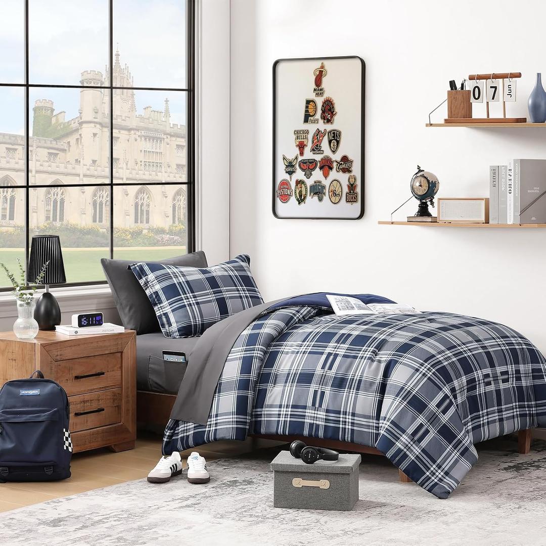 MaiRve Navy Blue Twin XL Comforter Set, Twin XL Bedding Sets for Boys Girls 5 Pieces for Dorm Farmhouse All Season Lightweight &Comfy with Fitted Sheet, Flat Sheet (Navy Blue, Twin XL, 66"x90")