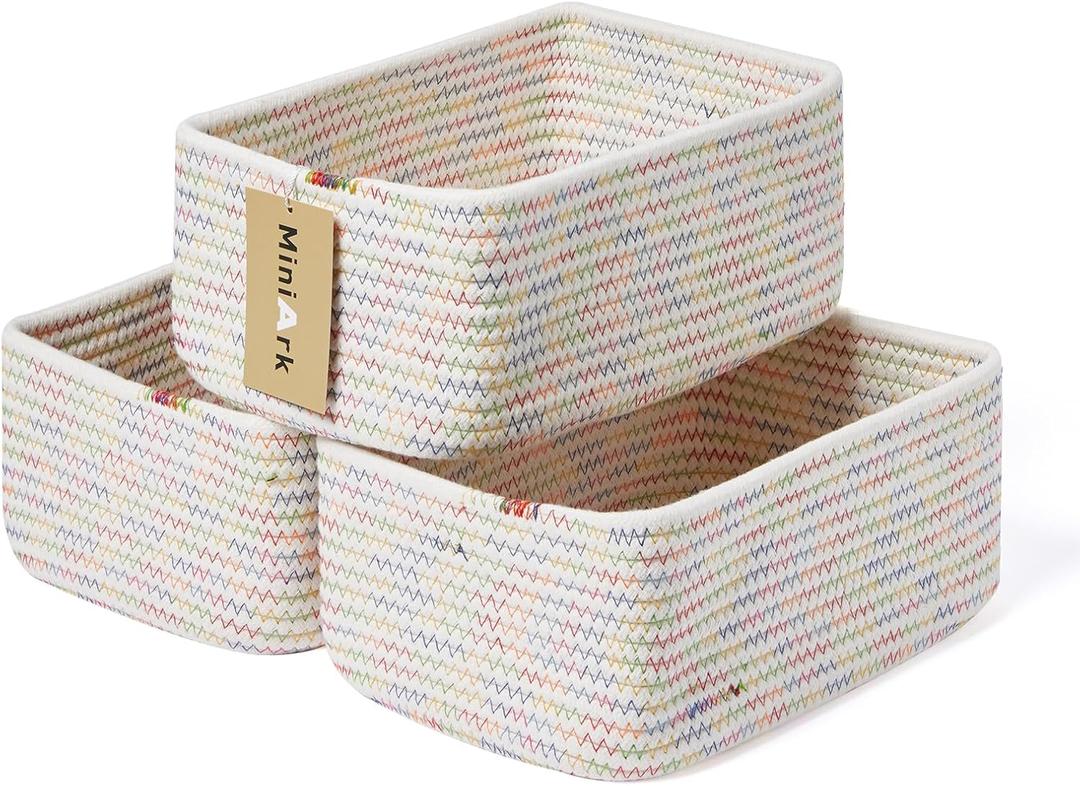 MiniArk Small Storage Baskets for Organizing | Closet Organizer Bins | Shelf Toy Basket | Woven Rope Baskets | Cube Decorative Box | Shallow Basket | 11.5x7.5x4.7 | 3 Packs Rainbow