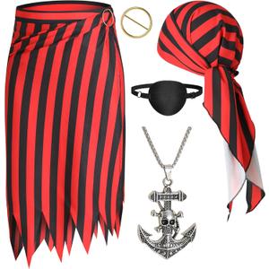 Pirate Costume Women Skirt Dress Accessories Set with Head Scarf Eye Patch Necklace Halloween Pirate Outfits (Red+black)