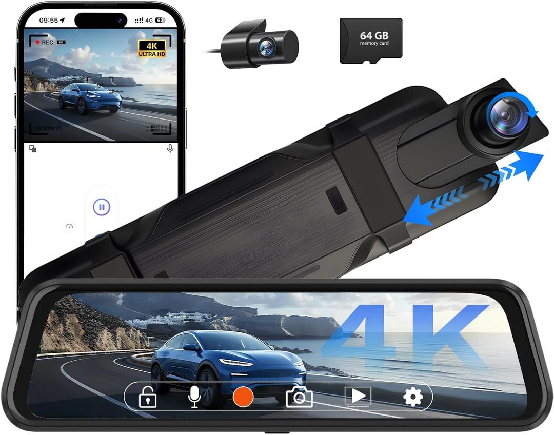 4K Rear View Mirror Camera, 10" Mirror Dash Cam Front and Rear with 64GB Card, Full Touch Screen Dash Cam with 1080P Backup Camera for Car with Reverse Assist,WiFi,APP,Night Vision,Parking Monitor