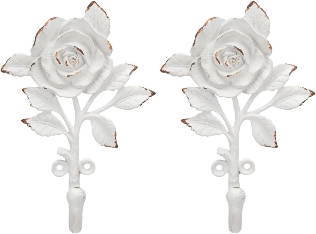 SOFFEE DESIGN 2pcs White Single Hooks 3D Flower Retro Ornate Style for Room Wall Mounted Decoration, Coat Hat Scarf Hanging Entry Heavy Duty Hooks, Home Decor (Bloom White Rose)