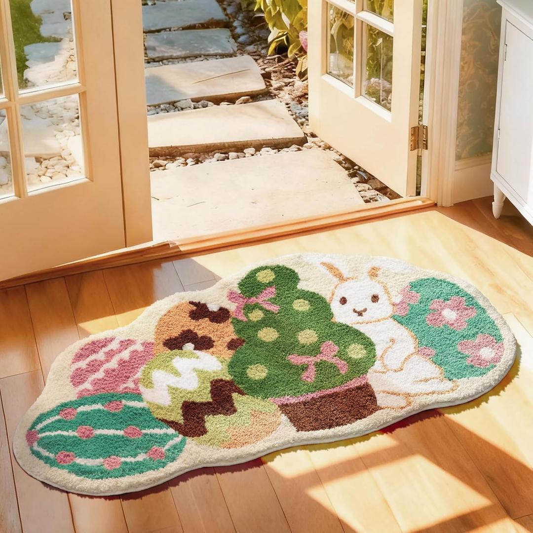 Ashler Easter Bathroom Rug, Egg and Bunny Soft Tufted Absorbent Bath Mat for Easter Decor, Green Area Rugs for Front Door, Living Room Bedroom, Kitchen, 23.5x45IN