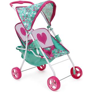 509 Crew: Mint Heart - Tandem Twin Doll Stroller - Hot Pink & Green, Storage Basket, Retractable Canopy, Folding, Accessory, Pretend Play Toy, Kids 3+
