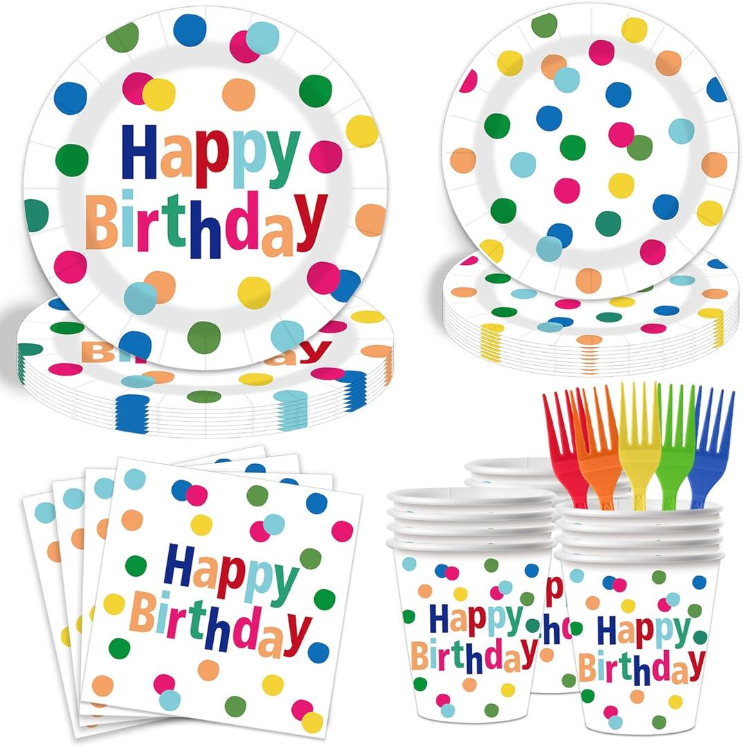 125-pcs Happy Birthday Paper Plate and Napkin Party Supplies Set, Colorful Forks - Neon Polka Dot Plate Decorations, Disposable Party Plates, Paper Cups and Napkins Set (Serves 25)