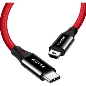 AGVEE 2 Pack 6.6ft USB-C to Mini USB Cable, Braided Durable Mini-B 5-Pin to Type-C Data Charging Charger OTG Cord for Hero 3+, PS3 Controller, Canon Nikon Camera, GPS, Blue Yeti, Red