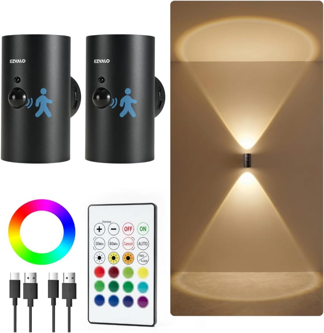 EZVALO Motion Sensor Wall Light, 4000mAh Rechargeable Battery Operated Wall Sconce, RGB & 3 Color Temps with Remote, Wireless Ambient Light for Living Room, Hallway, Apartment (2 Pack, Black)
