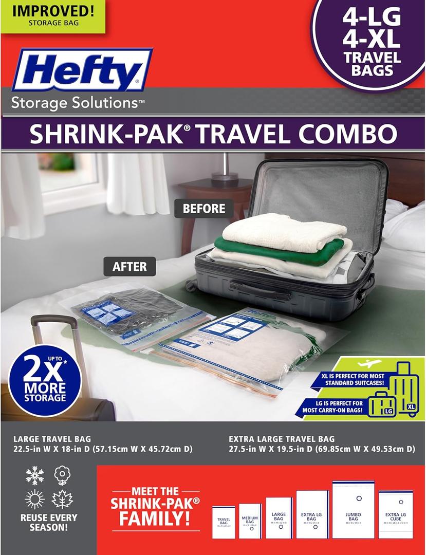 Hefty Shrink-Pak Travel Storage Bags  For Clothes, Pillows, Towels, Blankets & More  Space Saver Suction Sealer Bags for Luggage or Moving  4 Large, 22.5x18 Inches, 4 XL, 27.5x 19.5 Inches