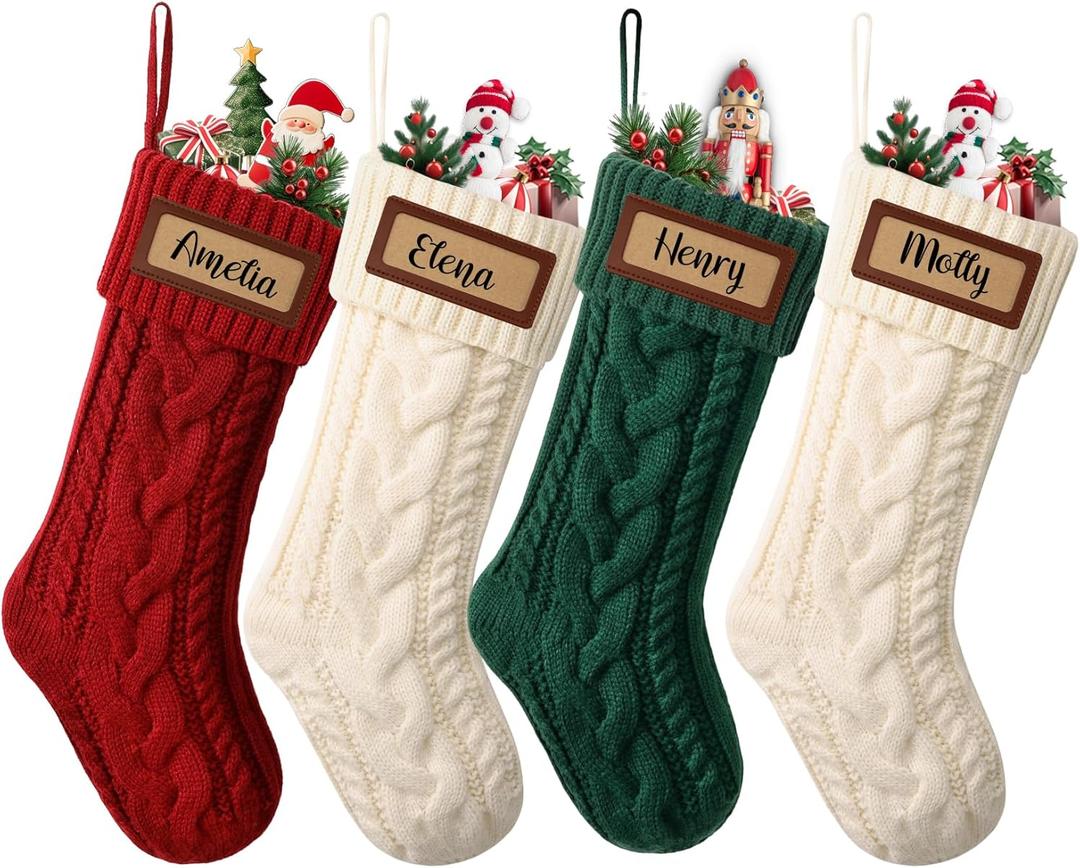 CARAKNOTS Personalized Christmas Stockings 4 Pack Knit Christmas Stockings with Names Tag Patches Vintage Rustic Farmhouse Boho 18" Large Red Green White Knitted Xmas Stocking for Family Kids