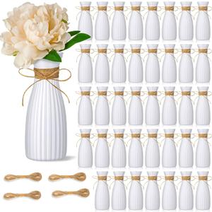 Ninehaoou 40 Pcs Plastic Flower Bud Vases Bulk with Twines Ropes Small Mini Flower Vases for Centerpieces Decorative Plastic Bottles for Wedding Reception Dining Table Home Decoration (White)