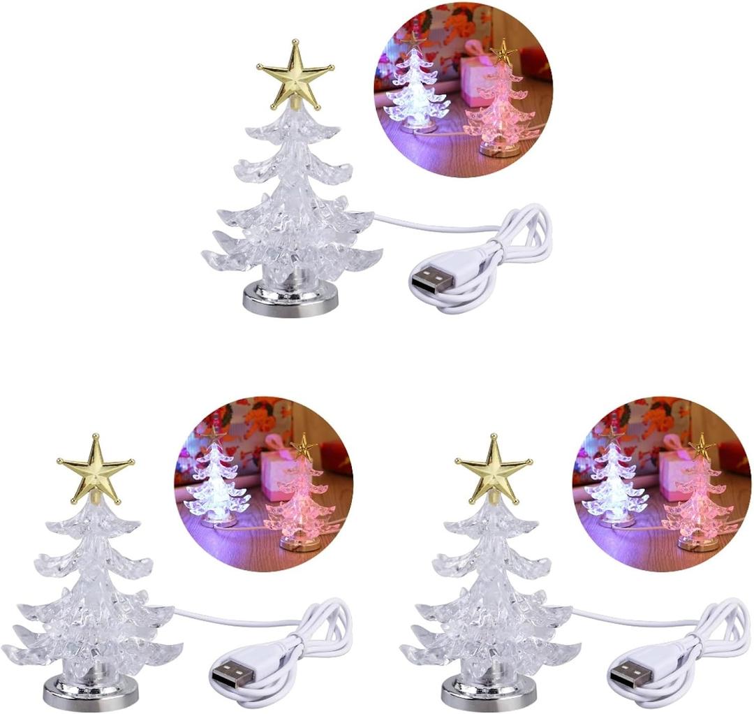 Angoily Tabletop Christmas Tree, 3Pcs Acrylic 7-Color LED Night Lights USB Operated Christmas Decorations, Mini Xmas Flash RGB Lighting Changing Desktop Decor, Multicolored Table Lamp for Home Decor