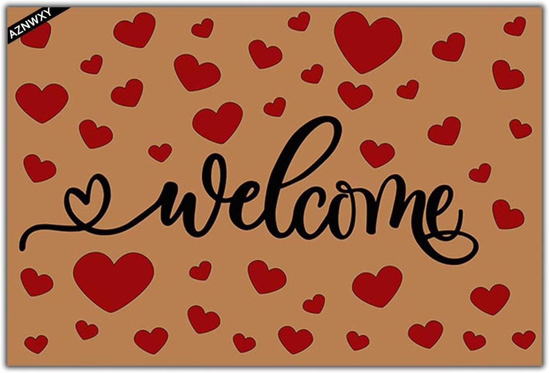 AZNWXY Red Love Heart Welcome Mat - Valentine's Day Doormat Welcome Floor Mat Entrance Door Rugs Romantic Love Bathroom Mat 23.6" x 15.7"