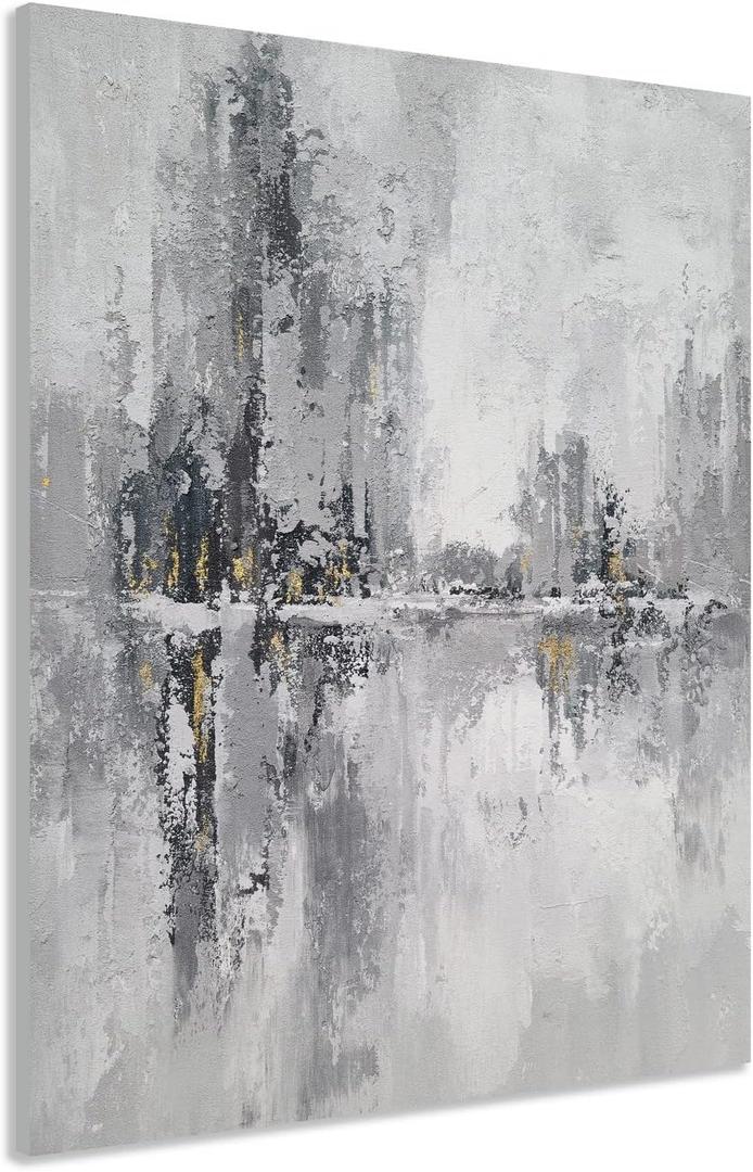 YHSKY ARTS Abstract Cityscape Oil Painting with Gold Foil Accents, Hand Painted Textured Modern Wall Art for Home Decor (27.5"L x 19.6"W)