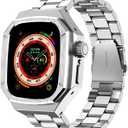 Luxury Aluminum Case with Stainless Steel Band for Apple Watch Ultra 3/2/1 Titanium 49mm, Rugged Metal Military Protective Cover Protector, Tactical Heavy Duty Protection for Men iWatch, Silver
