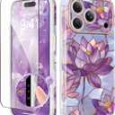 GVIEWIN for iPhone 17 Pro Case for Women, [Compatible with MagSafe] [Upgraded Full Camera Protection] [Screen Protector], Stylish Floral Shockproof Phone Case for iPhone 17 Pro 6.3", Lotuses/Purple