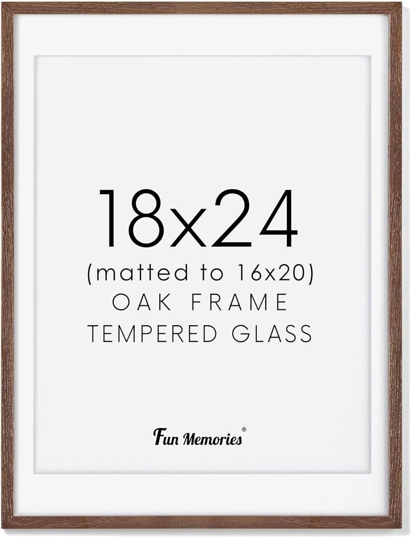 Fun Memories 18x24 Wood Frame, Natural Solid Oak Wood Poster Frame 24 x 18 with Tempered Glass, Wood Picture Frame 18 x 24 for Posters, 18''x24'' Matted Frame for 16x20 Picture, Walnut Color