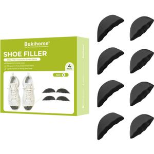 Bukihome Shoe Filler Insert - 4 Pairs Shoe Filler for Too Big Shoes, Heel Cushions for Women, Toe Inserts, Size Reducer Make Shoes Fit, Cushions for Women, Black, S