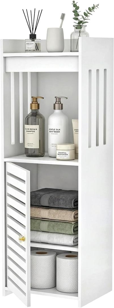 Narrow Bathroom Storage Cabinet, 4-Tier Slim Organizer with Door and Open Shelf for Toilet Small Spaces, White, 7.9" D x 9.8" W x 29.5" H