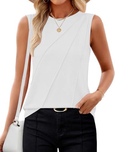Sialois Womens Tank Tops Summer Fashion Crewneck Casual Loose Fit Basic Solid Color Cute Clothes Striped Sleeveless Shirts Size M