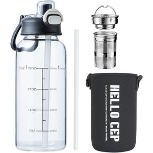 35oz Glass Water Bottle with Straw & Handle, BPA-Free Leakproof Glass Water Bottles with Stainless Steel Tea Strainer & Protective Sleeve for Travel, Gym, Home, Office (1PCS)