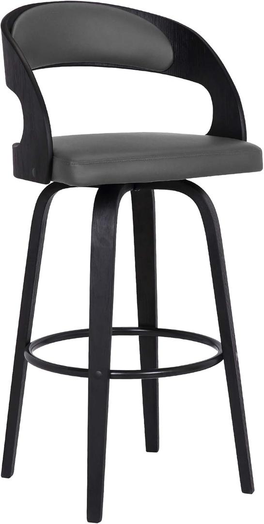 Armen Living Shelly 30" Bar Height Swivel Gray Faux Leather and Black Wood Bar Stool