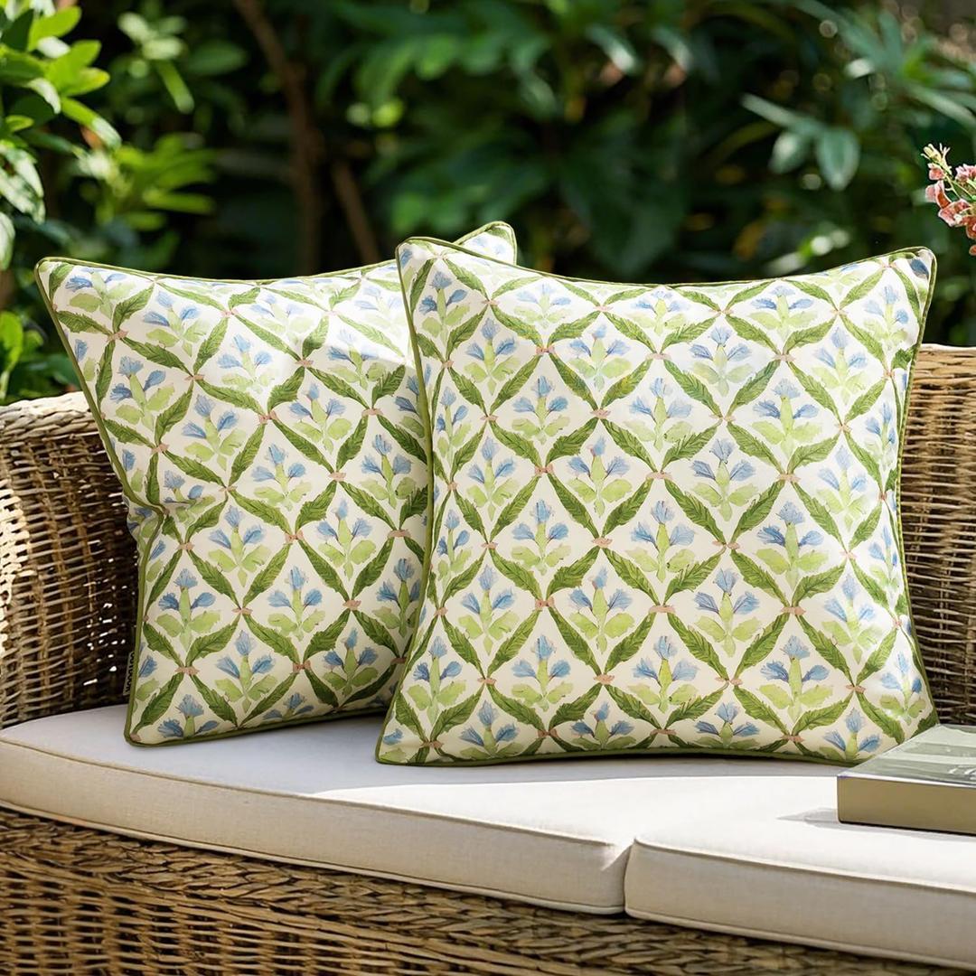 MIULEE Floral Decorative Pillow Covers Set of 2,Block Print Throw Pillowcases Outdoor Boho Farmhouse Vintage Summer Accent Cushion Covers for Couch paito Garden Sofa Bed 18x18 Inch, Green