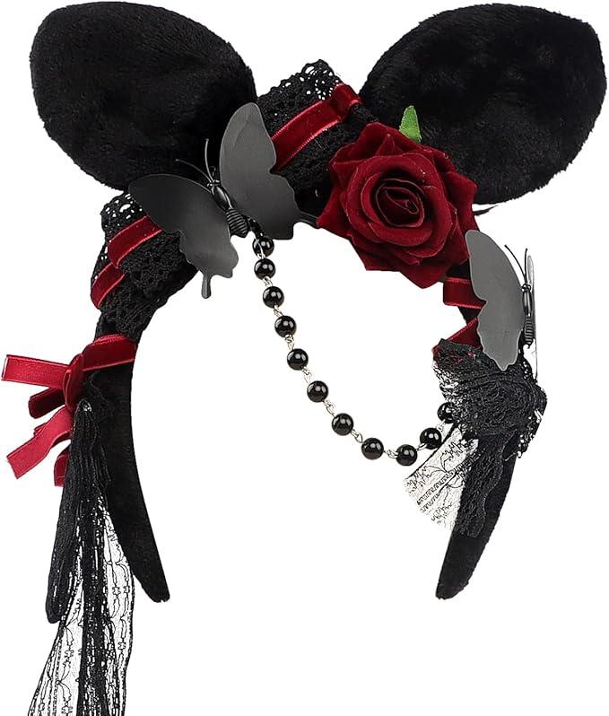 Bunny Ears Headband for Women, Plush Floral Lace Bunny Ears Hairband, Gothic Animal Ears Cosplay Costume Headband