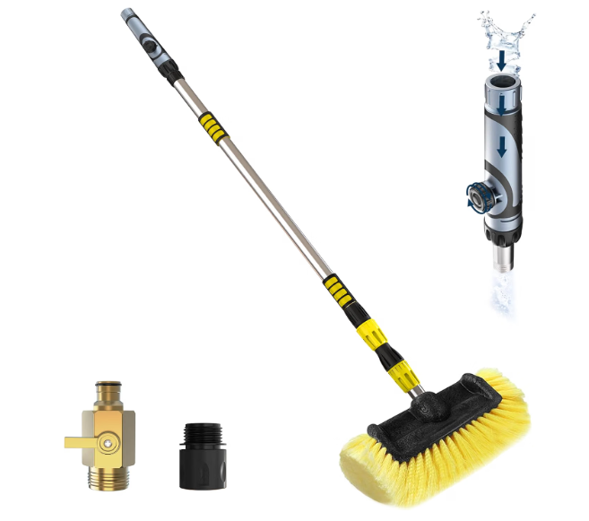 LAANPOLE 12FT Car Wash Brush with Long Handle, Car Cleaning Brush with 12 Inch Soft Bristle and Soap Dispenser, Solar Panels Cleaner with Telescoping Pole for RV, Truck, Boat, House Siding, Yellow