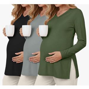3 Pack Women's Thermal Maternity Shirts Fleece Lined Long Sleeve Tops Split Side V Neck Pregnancy Clothes Large Color: Army Green, Light Gray, Black, L