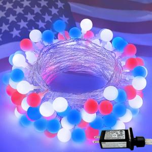 Red White and Blue String Lights Outdoor Indoor, 42FT 100LED 4th of July Decorations Plug in with Timer, 8 Modes Patriotic Globe Waterproof Twinkle Fairy Lights for Independence Day Memorial Day Decor