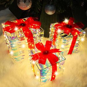 Lulu Home Set of 3 Christmas Lighted Gift Boxes, Pre-lit 140 LEDs Light Up Boxes with Red Bows, Plug-in Lighted Xmas Boxes with Timer for Christmas Trees Holiday Display Party Indoor Yard Lawn Decors (Colorful-Strips)