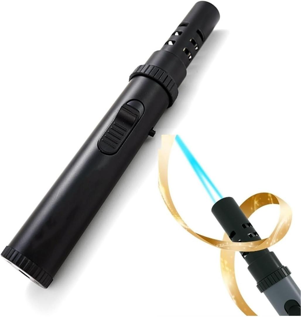 Metal Lighter with Flame Lock Function, Adjustable Flame, Refillable Butane, Sturdy and Windproof, Portable Design, Suitable for Camping Candles and More (Black)