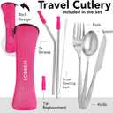 Travel Utensils Set with Case 4 Pack, Reusable Stainless Steel Portable Cutlery (Fork, Spoon, Knife, Straws & Cleaner) for Work, Dorm, Camping, Lunch Box, Compact Durable Silverware by Ecoberi (Pink)