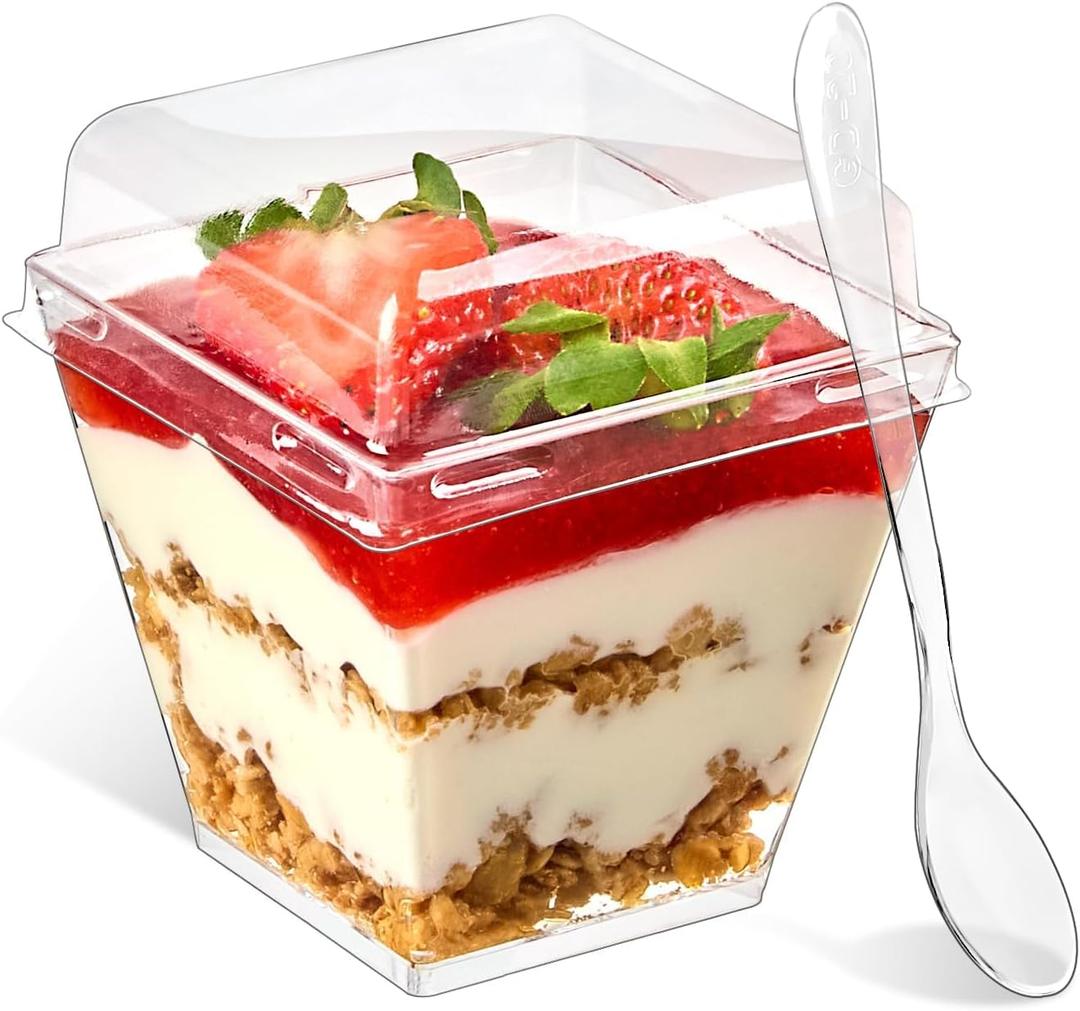 Qeirudu 50 Pack 7 oz Dessert Cups with PET Lids and Spoons, Mini Plastic Yogurt Parfait Cups Square Party Serving Cup for Banana Pudding, Appetizer, Fruit and Ice Cream
